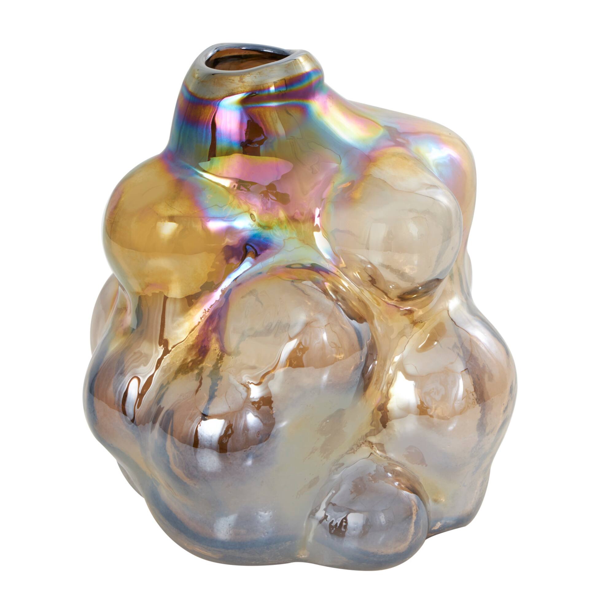 8" Iridescent Brown Abstract Handmade Bubble Glass Vase